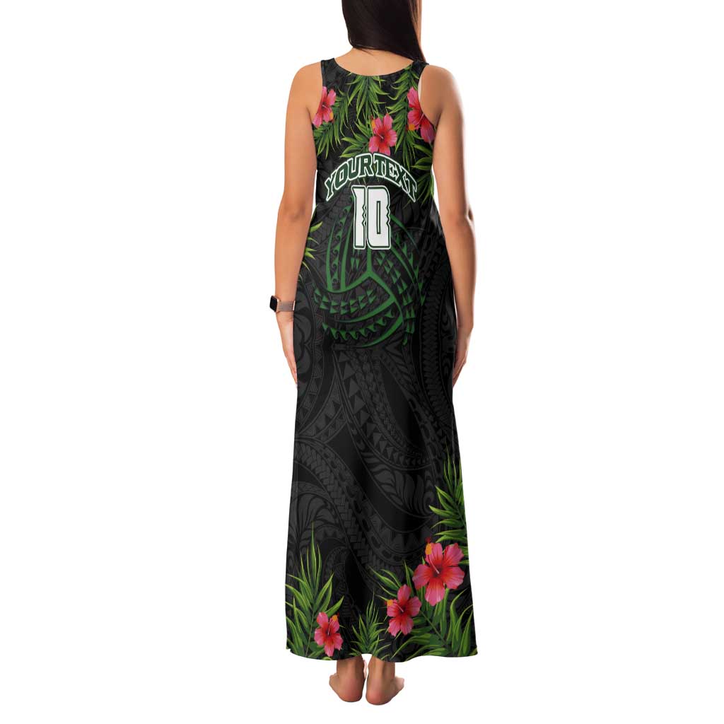 Custom Hawaii Volleyball Tank Maxi Dress Kakau Abstract and Tropical Plants Black Color - Polynesian Pride