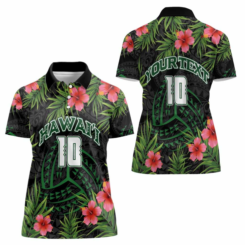 Custom Hawaii Volleyball Women Polo Shirt Kakau Abstract and Tropical Plants Black Color - Polynesian Pride