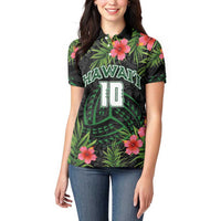 Custom Hawaii Volleyball Women Polo Shirt Kakau Abstract and Tropical Plants Black Color - Polynesian Pride
