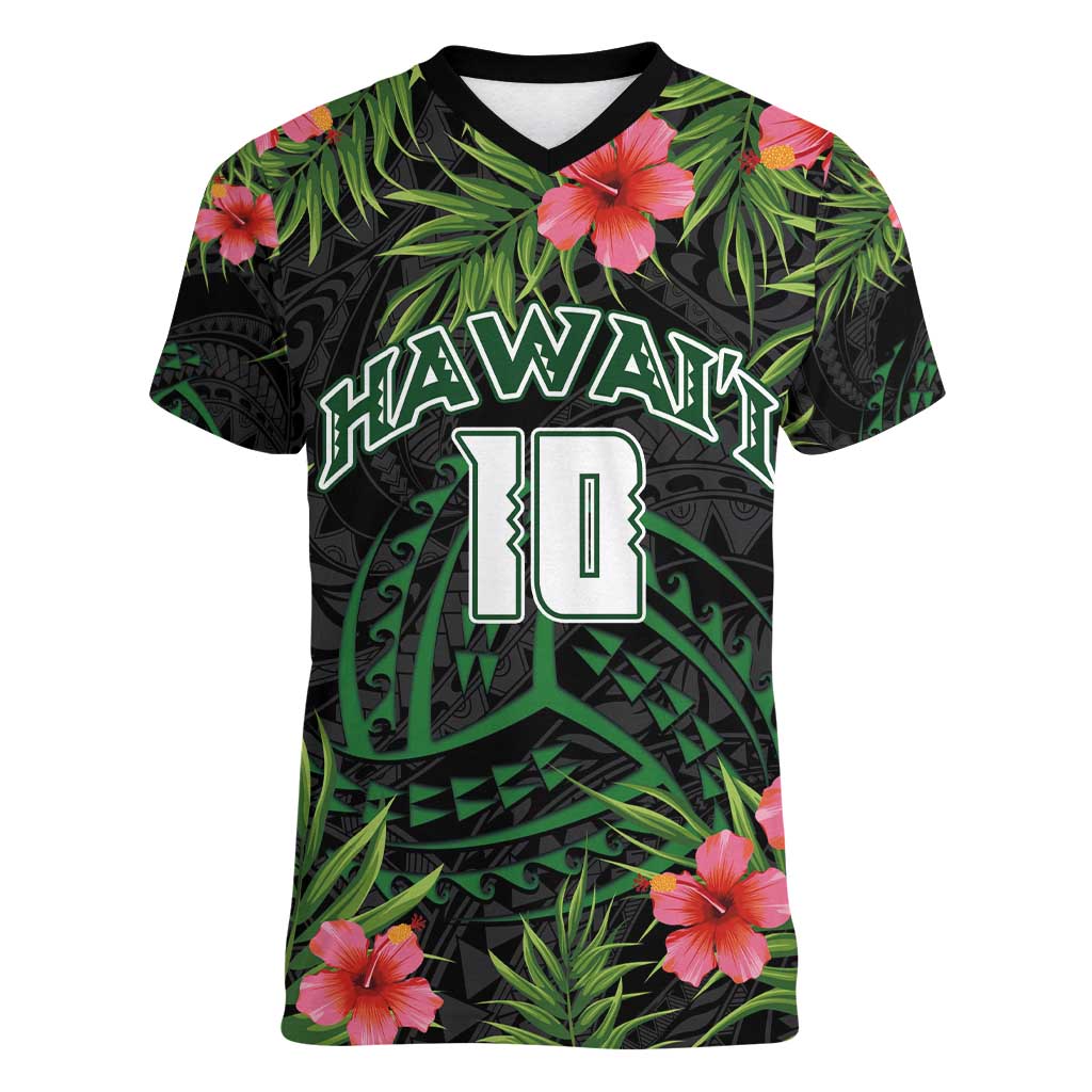 Custom Hawaii Volleyball Women V-Neck T-Shirt Kakau Abstract and Tropical Plants Black Color - Polynesian Pride
