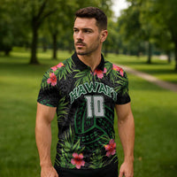 Custom Hawaii Volleyball Zipper Polo Shirt Kakau Abstract and Tropical Plants Black Color - Polynesian Pride