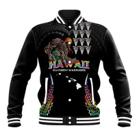 Custom Hawaii Rainbow Warriors Baseball Jacket Kakau Shark Tooth and Polynesian Art Tattoo LT03 Unisex Black - Polynesian Pride