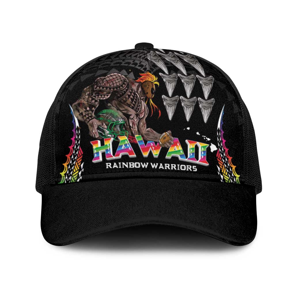 Hawaii Rainbow Warriors Baseball Net Cap Kakau Shark Tooth and Polynesian Art Tattoo LT03 One Size Black Black - Polynesian Pride