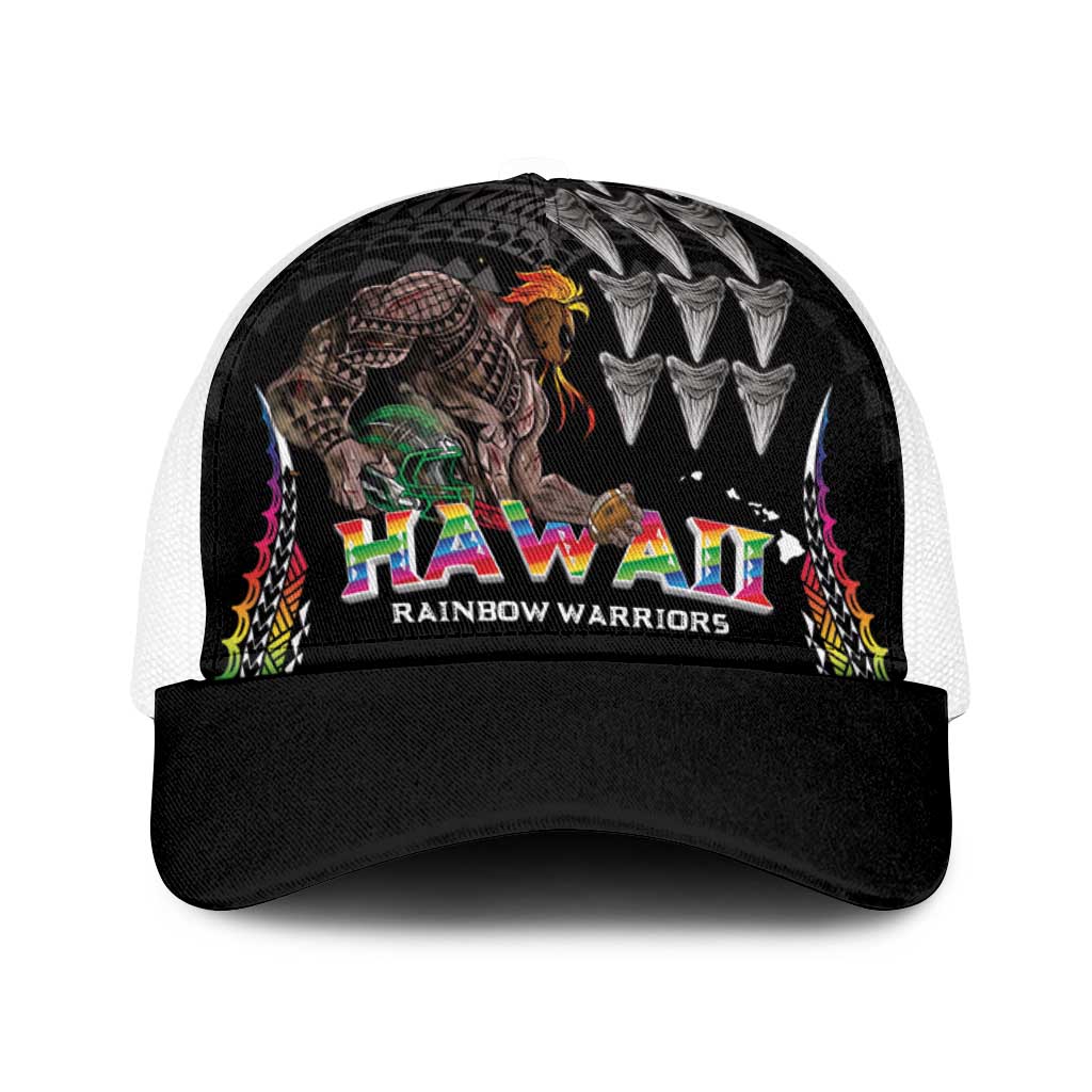 Hawaii Rainbow Warriors Baseball Net Cap Kakau Shark Tooth and Polynesian Art Tattoo LT03 One Size White Black - Polynesian Pride