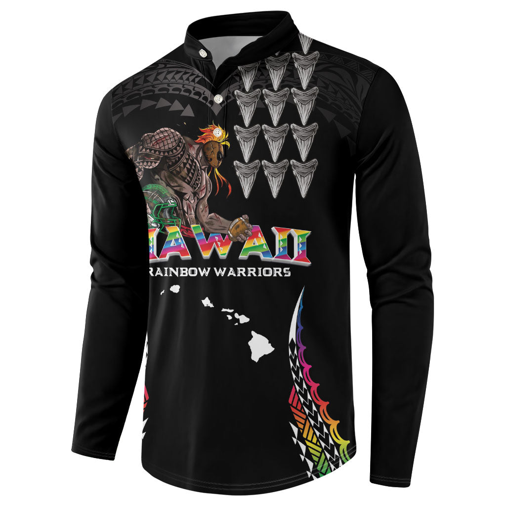 Custom Hawaii Rainbow Warriors Button Sweatshirt Kakau Shark Tooth and Polynesian Art Tattoo LT03 - Polynesian Pride