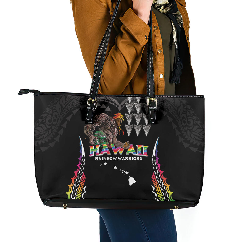 Hawaii Rainbow Warriors Leather Tote Bag Kakau Shark Tooth and Polynesian Art Tattoo LT03 - Polynesian Pride