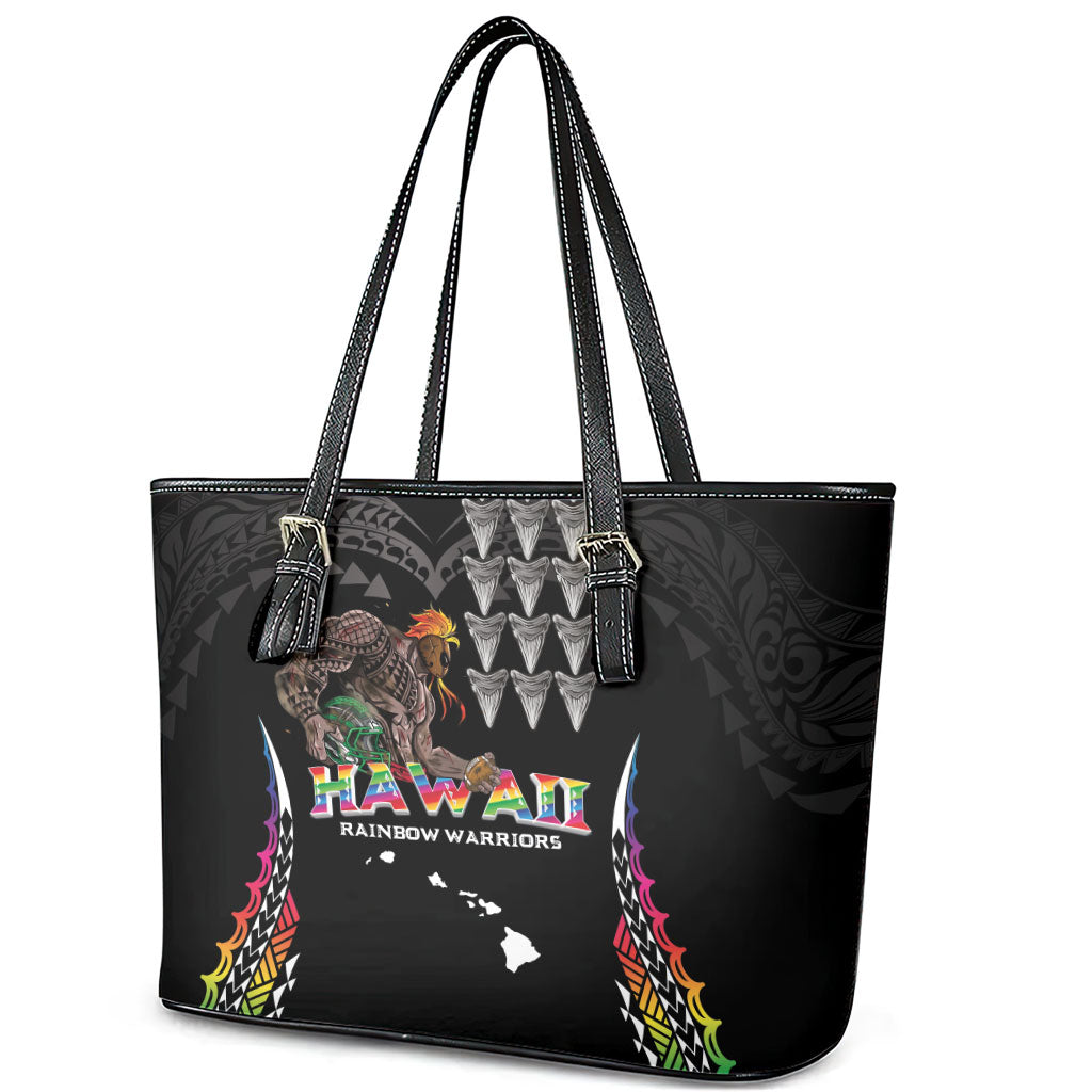 Hawaii Rainbow Warriors Leather Tote Bag Kakau Shark Tooth and Polynesian Art Tattoo LT03 - Polynesian Pride