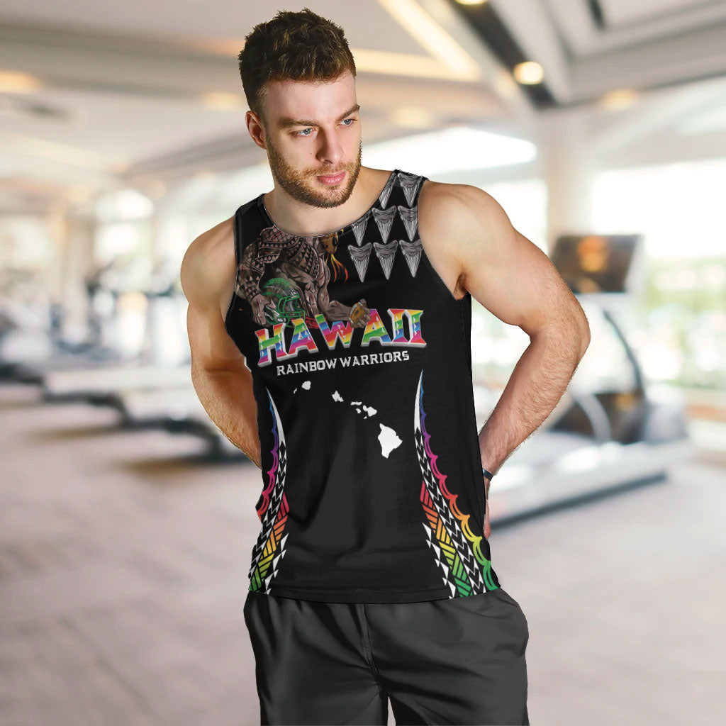 Custom Hawaii Rainbow Warriors Men Tank Top Kakau Shark Tooth and Polynesian Art Tattoo LT03 Black - Polynesian Pride