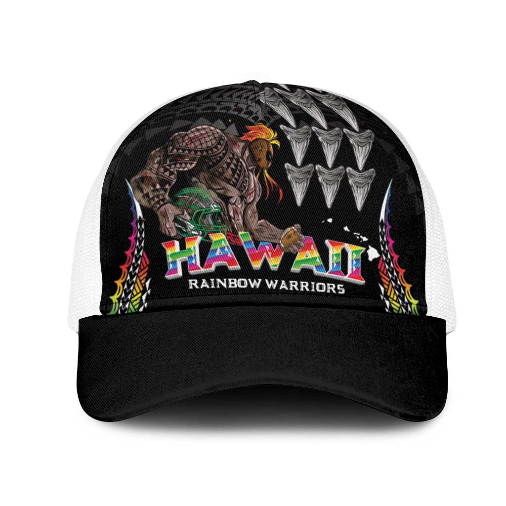 Hawaii Rainbow Warriors Mesh Trucker Cap Kakau Shark Tooth and Polynesian Art Tattoo LT03 One Size White Black - Polynesian Pride
