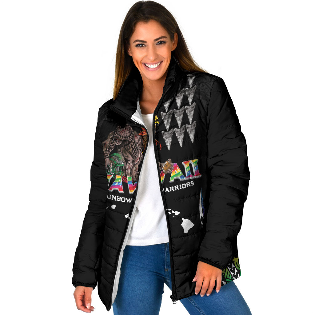 Custom Hawaii Rainbow Warriors Padded Jacket Kakau Shark Tooth and Polynesian Art Tattoo LT03 Women Black - Polynesian Pride