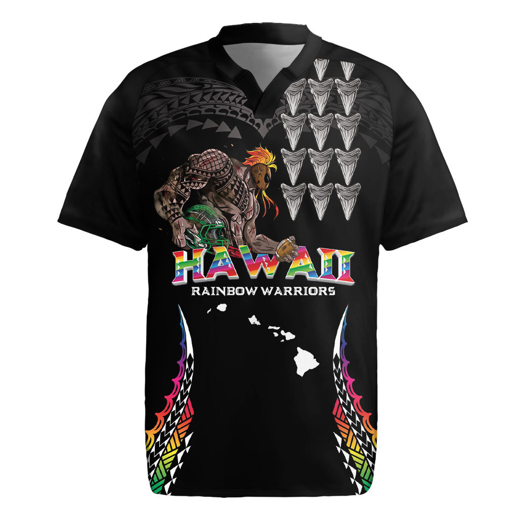 Custom Hawaii Rainbow Warriors Rugby Jersey Kakau Shark Tooth and Polynesian Art Tattoo LT03 Black - Polynesian Pride