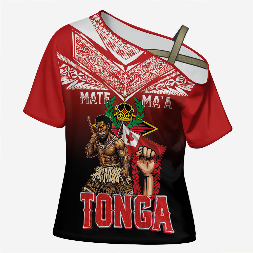 Mate Ma'a Tonga Cross Shoulder Shirt Traditional Warrior and Ngatu Art Pattern LT03 Female Red - Polynesian Pride