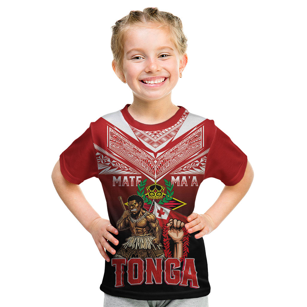 Mate Ma'a Tonga Kid T Shirt Traditional Warrior and Ngatu Art Pattern LT03 Red - Polynesian Pride
