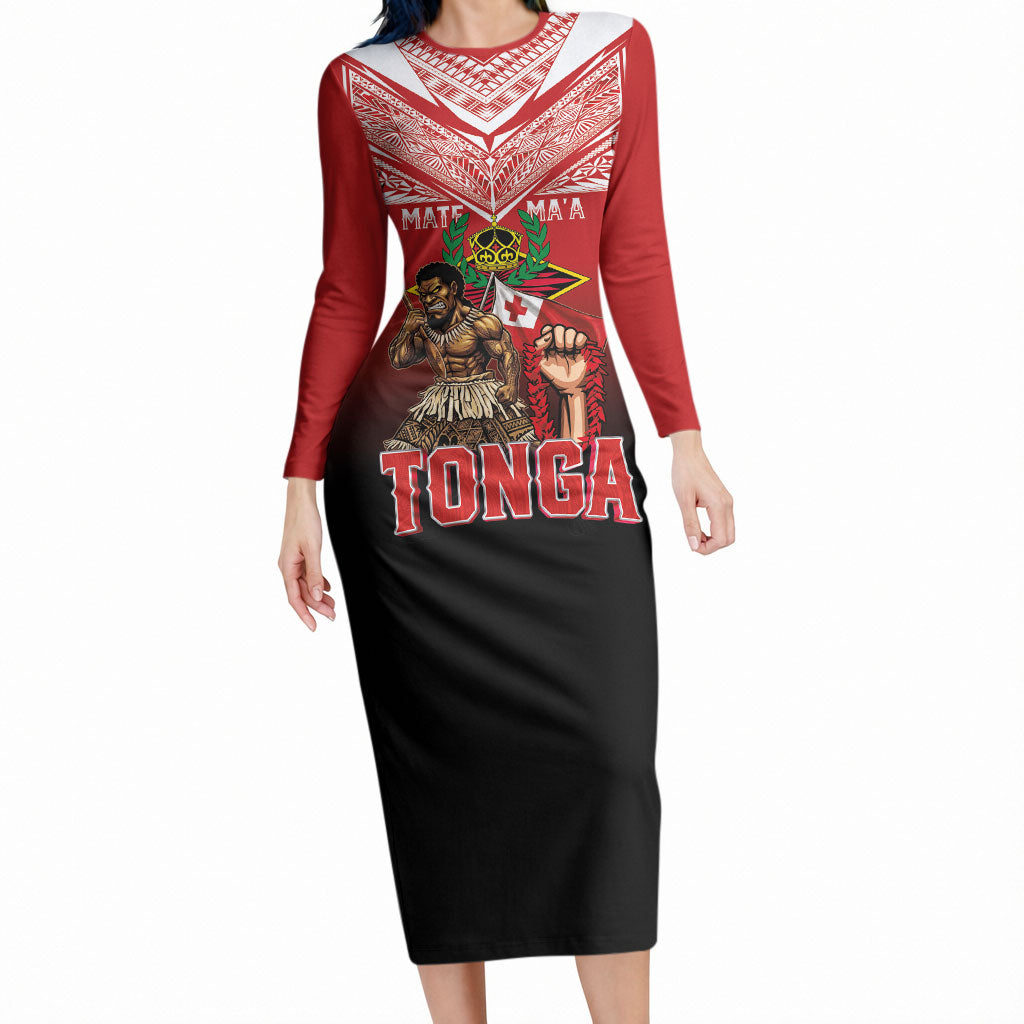 Mate Ma'a Tonga Long Sleeve Bodycon Dress Traditional Warrior and Ngatu Art Pattern LT03 Long Dress Red - Polynesian Pride