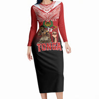 Mate Ma'a Tonga Long Sleeve Bodycon Dress Traditional Warrior and Ngatu Art Pattern LT03 Long Dress Red - Polynesian Pride