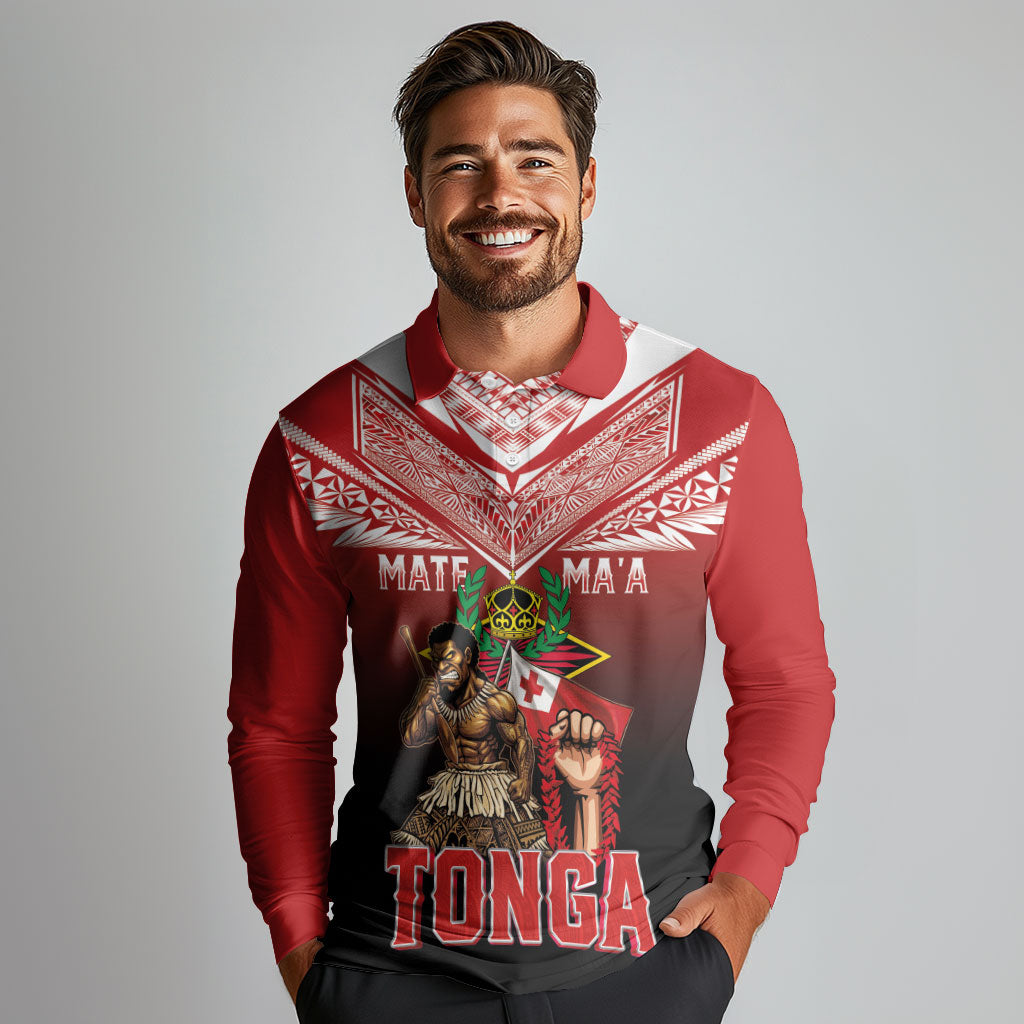 Mate Ma'a Tonga Long Sleeve Polo Shirt Traditional Warrior and Ngatu Art Pattern LT03 - Polynesian Pride