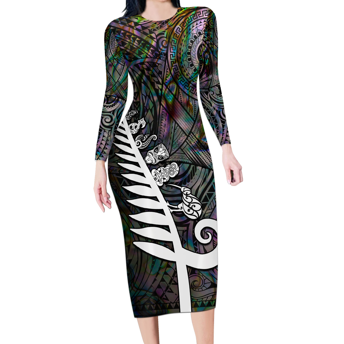 New Zealand Long Sleeve Bodycon Dress Aotearoa Symbols With Silver Fern LT03 Long Dress Black - Polynesian Pride