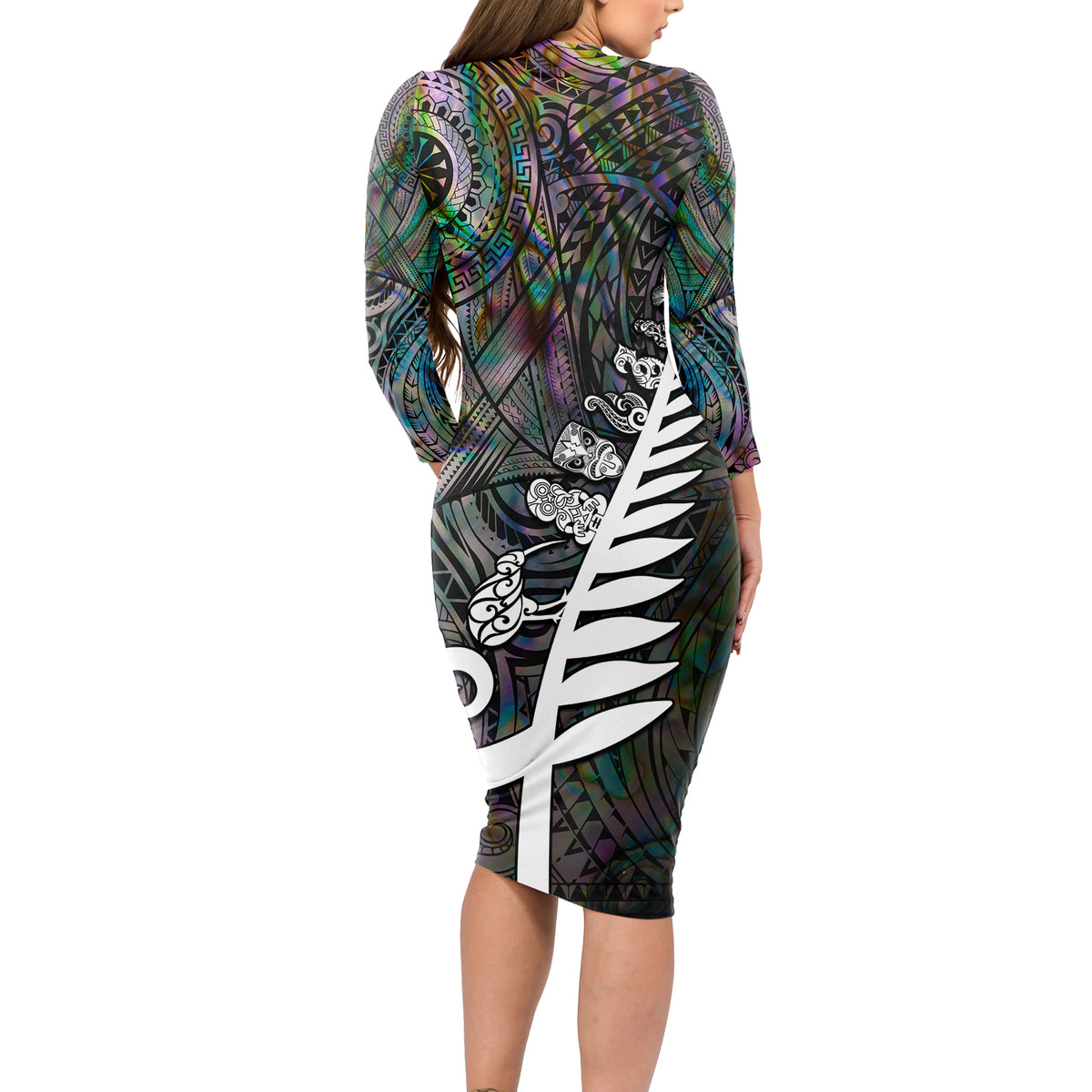 New Zealand Long Sleeve Bodycon Dress Aotearoa Symbols With Silver Fern LT03 - Polynesian Pride