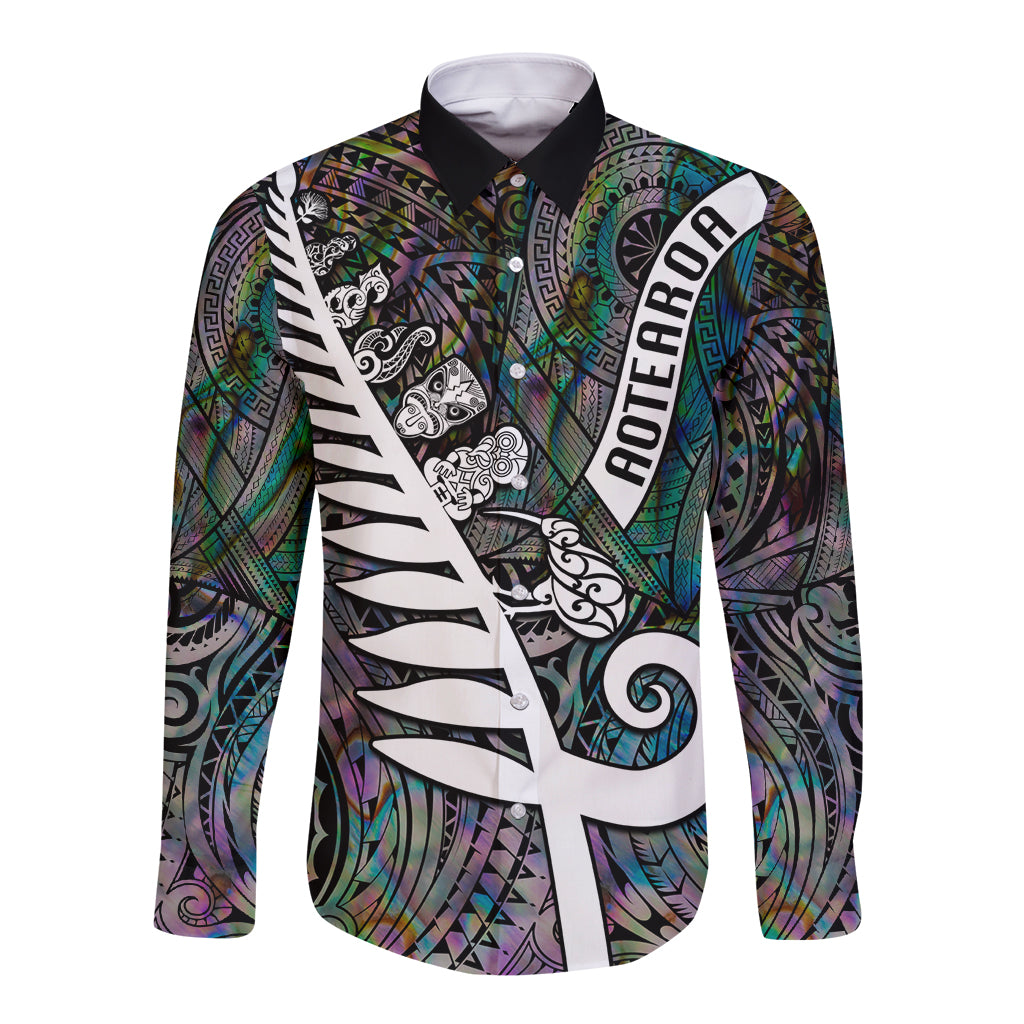 New Zealand Long Sleeve Button Shirt Aotearoa Symbols With Silver Fern LT03 Unisex Black - Polynesian Pride