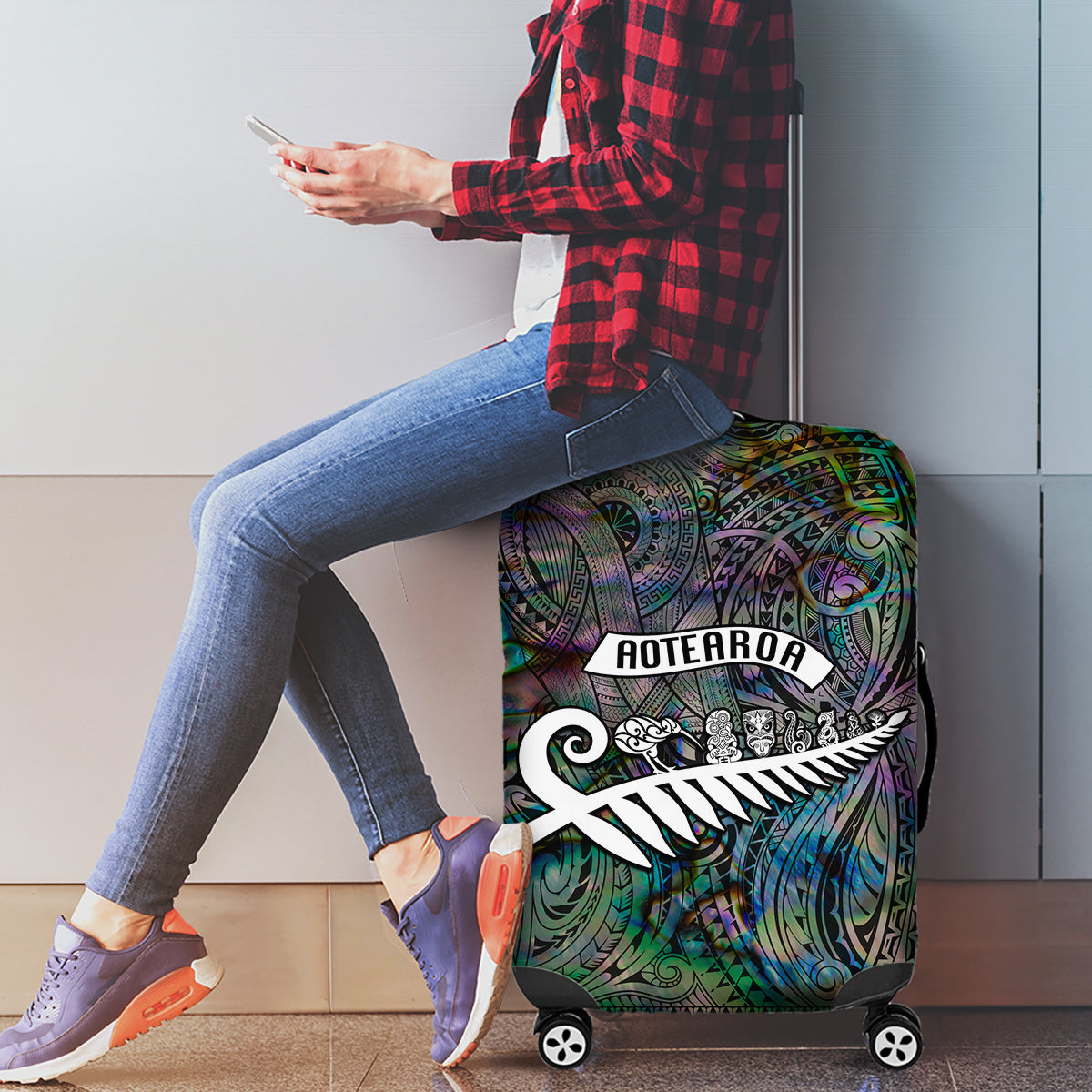 New Zealand Luggage Cover Aotearoa Symbols With Silver Fern LT03 - Polynesian Pride