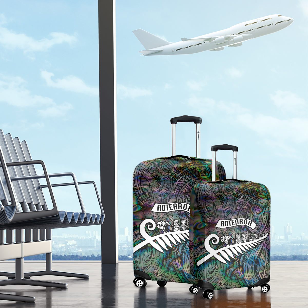 New Zealand Luggage Cover Aotearoa Symbols With Silver Fern LT03 - Polynesian Pride