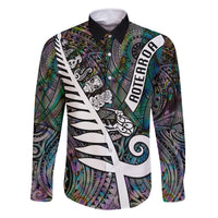 Personalized New Zealand Family Matching Mermaid Dress and Hawaiian Shirt Aotearoa Symbols With Silver Fern LT03 Dad's Shirt - Long Sleeve Black - Polynesian Pride