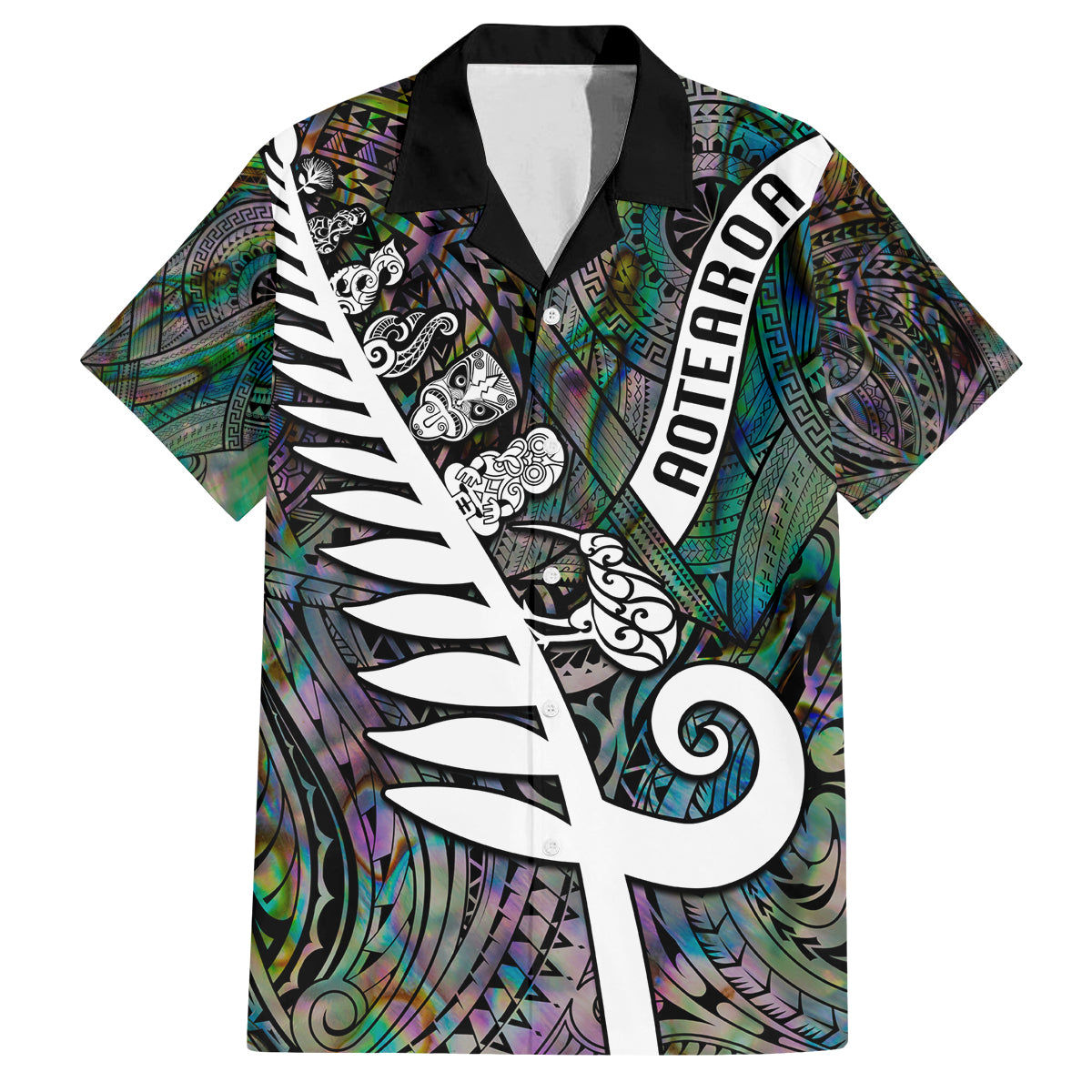 Personalized New Zealand Family Matching Off Shoulder Short Dress and Hawaiian Shirt Aotearoa Symbols With Silver Fern LT03 Dad's Shirt - Short Sleeve Black - Polynesian Pride