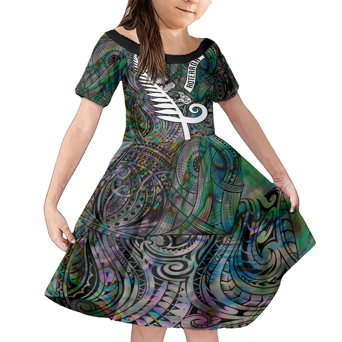 Personalized New Zealand Family Matching Tank Maxi Dress and Hawaiian Shirt Aotearoa Symbols With Silver Fern LT03 Daughter's Dress Black - Polynesian Pride