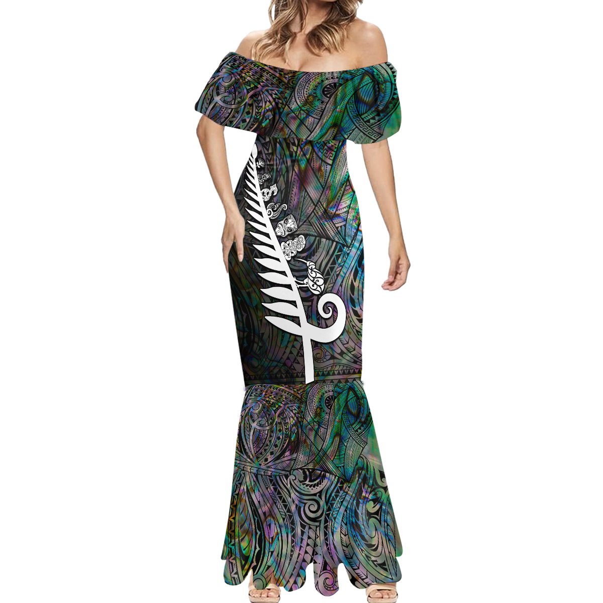 Personalized New Zealand Mermaid Dress Aotearoa Symbols With Silver Fern LT03 - Polynesian Pride