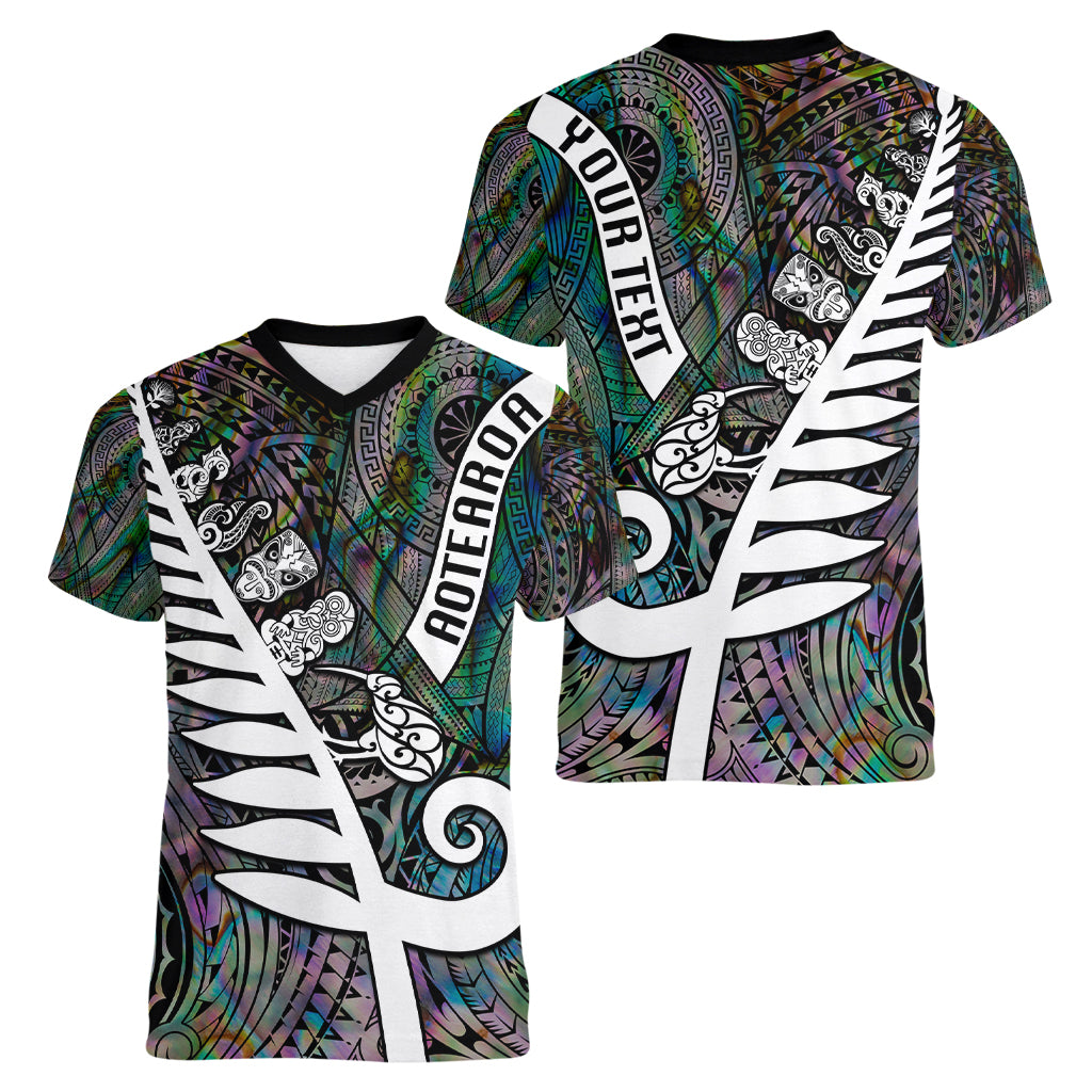 Personalized New Zealand Women V Neck T Shirt Aotearoa Symbols With Silver Fern LT03 - Polynesian Pride