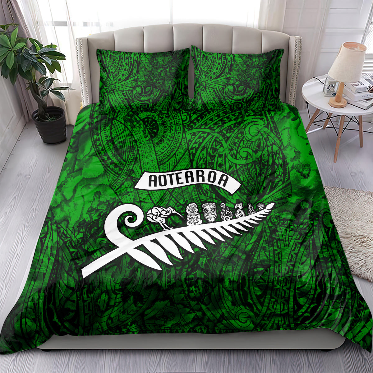 New Zealand Bedding Set Silver Fern and Maori Symbols Papua Shell Green Style LT03 - Polynesian Pride