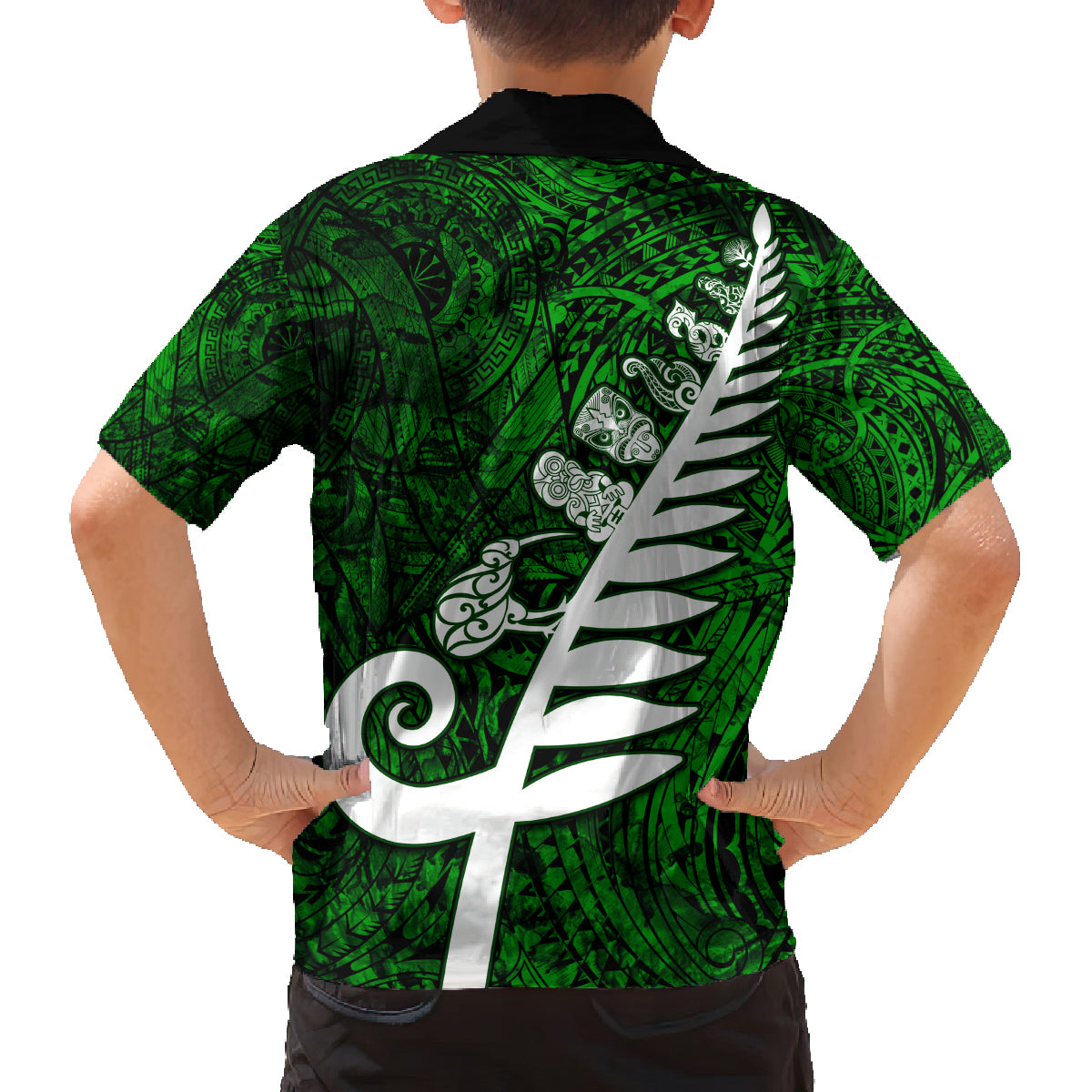 New Zealand Family Matching Summer Maxi Dress and Hawaiian Shirt Silver Fern and Maori Symbols Papua Shell Green Style LT03 - Polynesian Pride