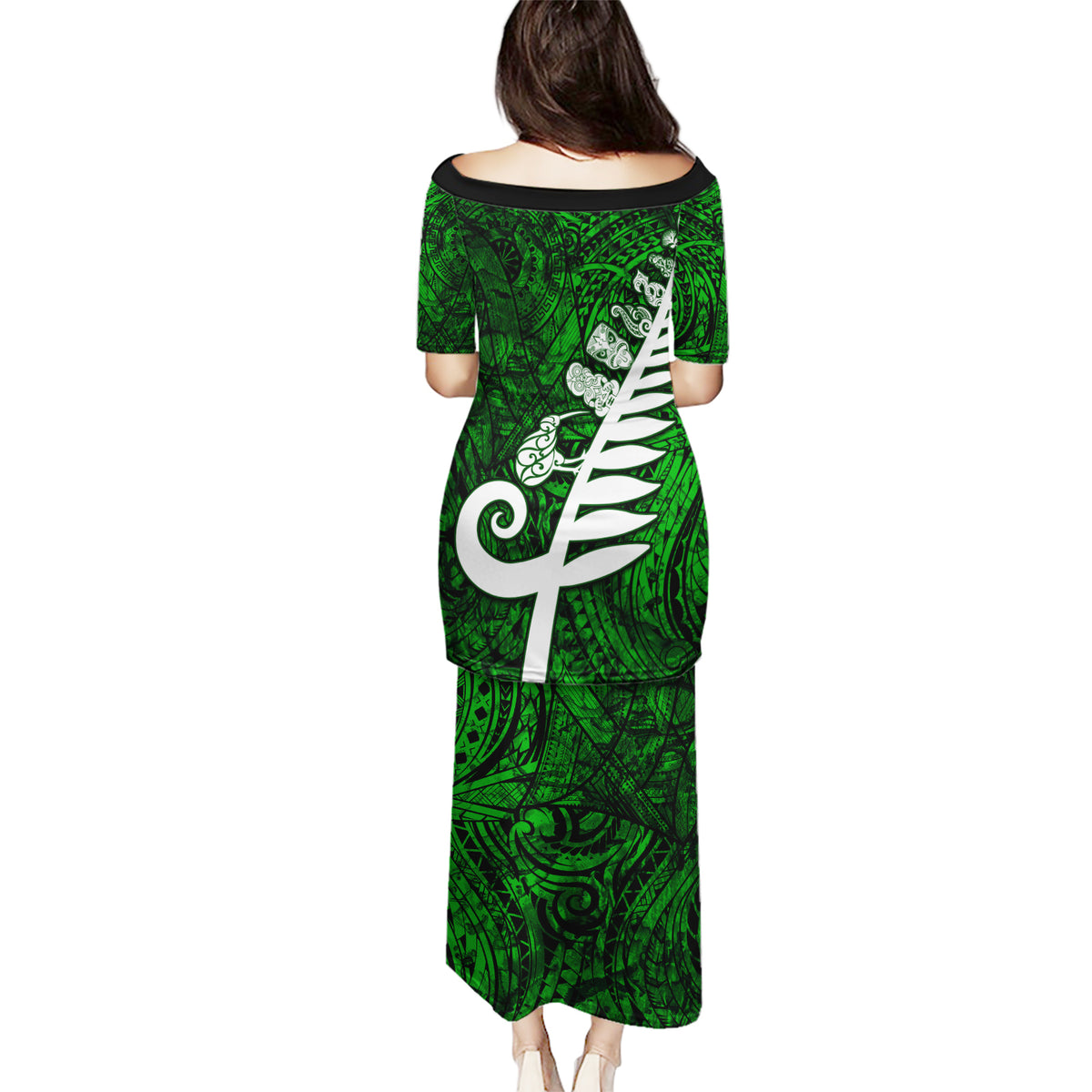 New Zealand Puletasi Silver Fern and Maori Symbols Papua Shell Green Style LT03 - Polynesian Pride