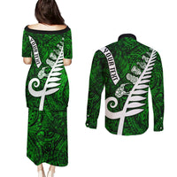 Personalized New Zealand Couples Matching Puletasi Dress and Long Sleeve Button Shirt Silver Fern and Maori Symbols Papua Shell Green Style LT03 - Polynesian Pride