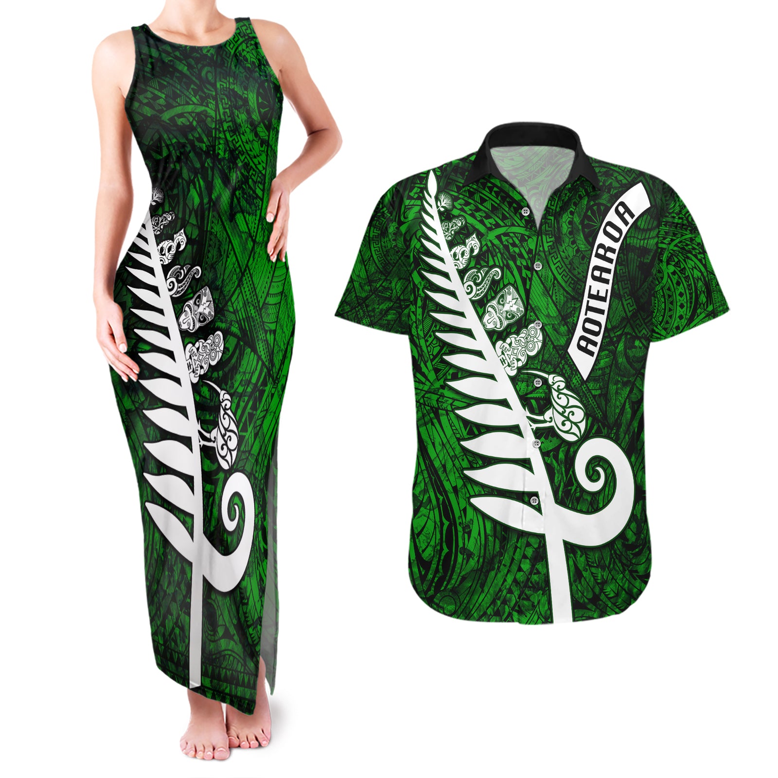 Personalized New Zealand Couples Matching Tank Maxi Dress and Hawaiian Shirt Silver Fern and Maori Symbols Papua Shell Green Style LT03 Green - Polynesian Pride
