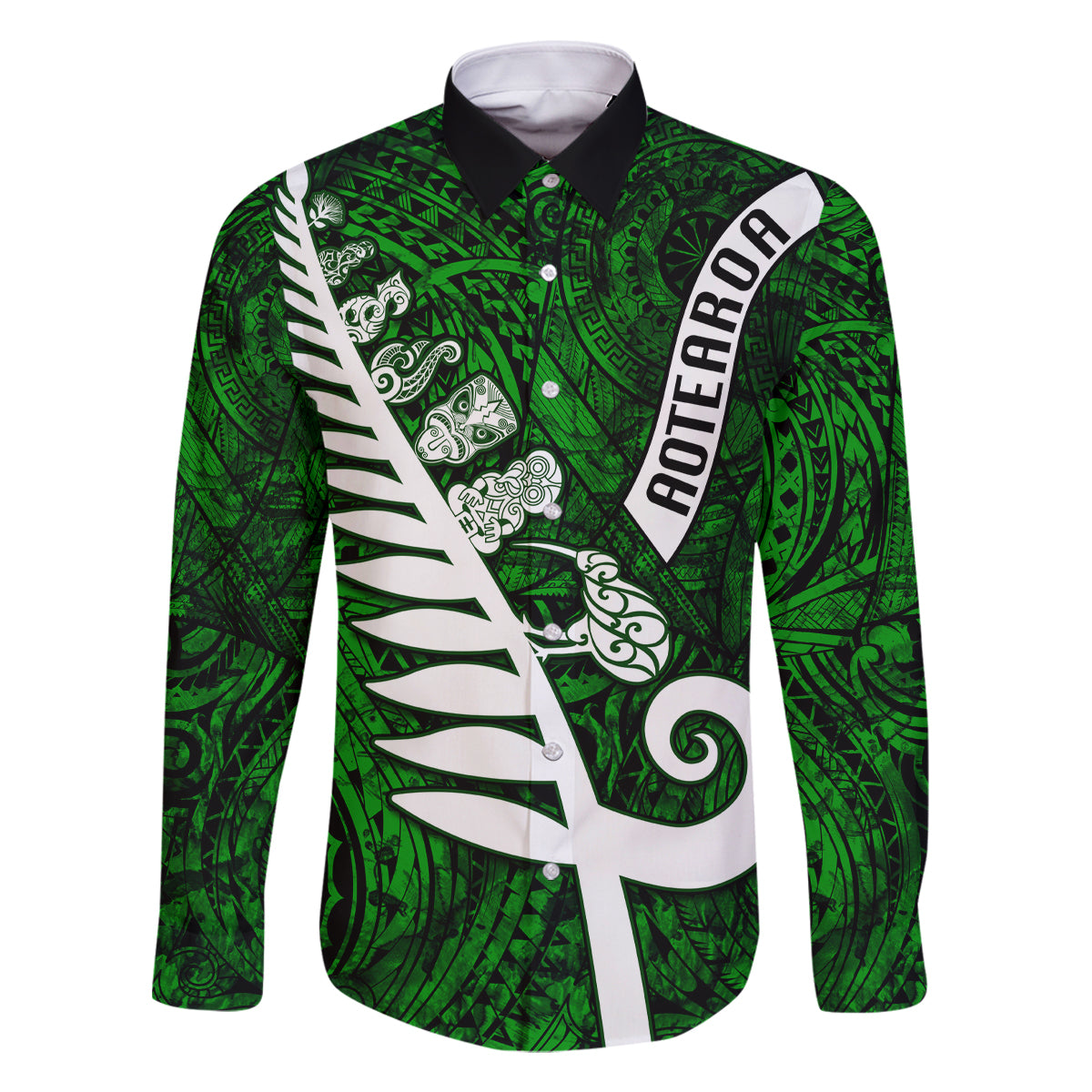 Personalized New Zealand Family Matching Mermaid Dress and Hawaiian Shirt Silver Fern and Maori Symbols Papua Shell Green Style LT03 Dad's Shirt - Long Sleeve Green - Polynesian Pride