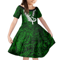 Personalized New Zealand Family Matching Tank Maxi Dress and Hawaiian Shirt Silver Fern and Maori Symbols Papua Shell Green Style LT03 Daughter's Dress Green - Polynesian Pride