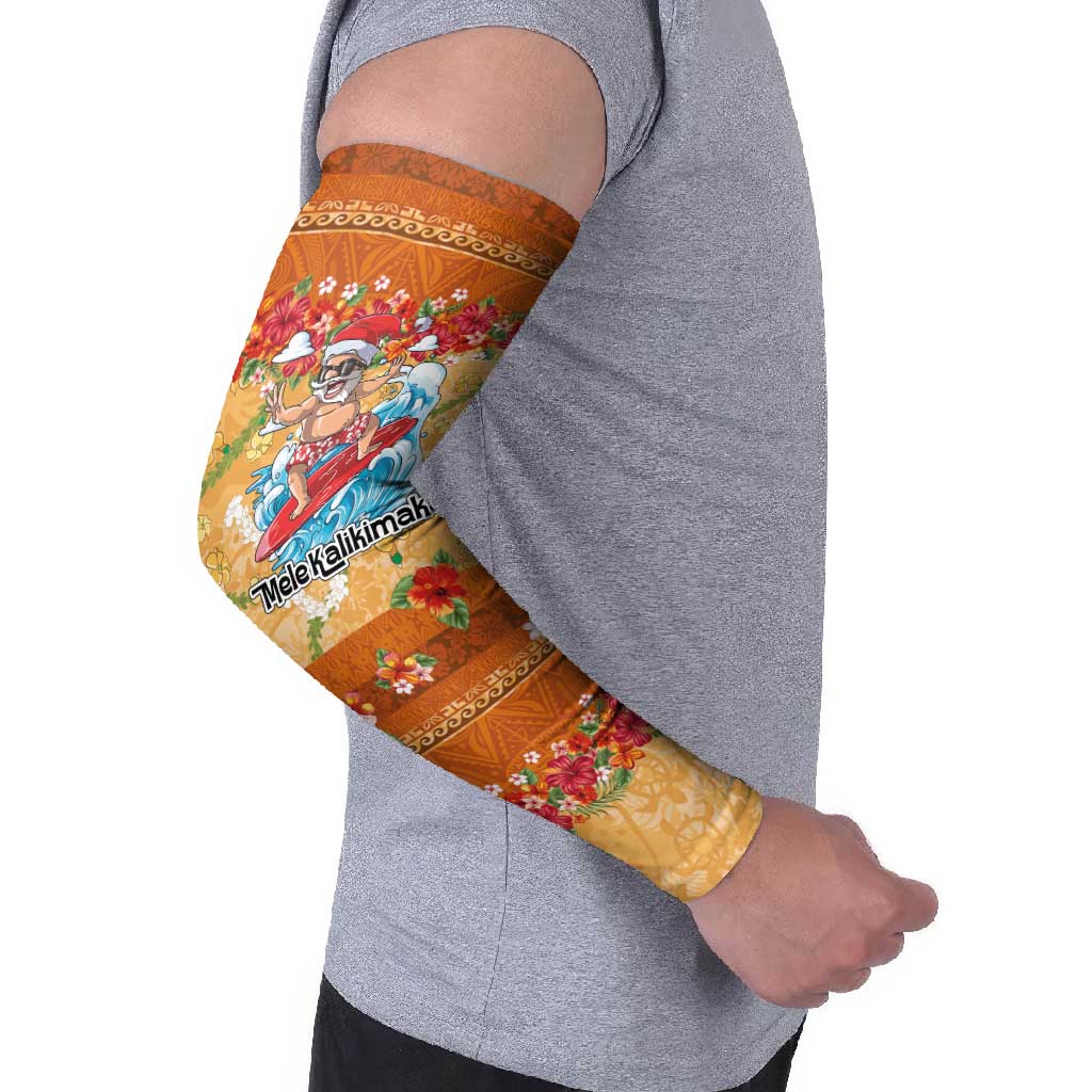 Hawaii Mele Kalikimaka Arm Sleeves Funny Santa Claus Surfing on Tropical Plants - Polynesian Pride