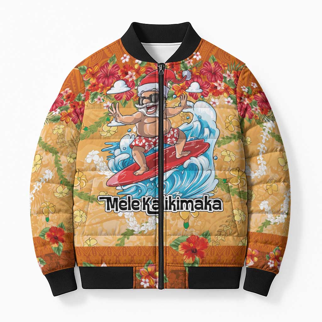 Hawaii Mele Kalikimaka Bomber Puffer Jacket Funny Santa Claus Surfing on Tropical Plants LT03 Unisex Multicolor - Polynesian Pride