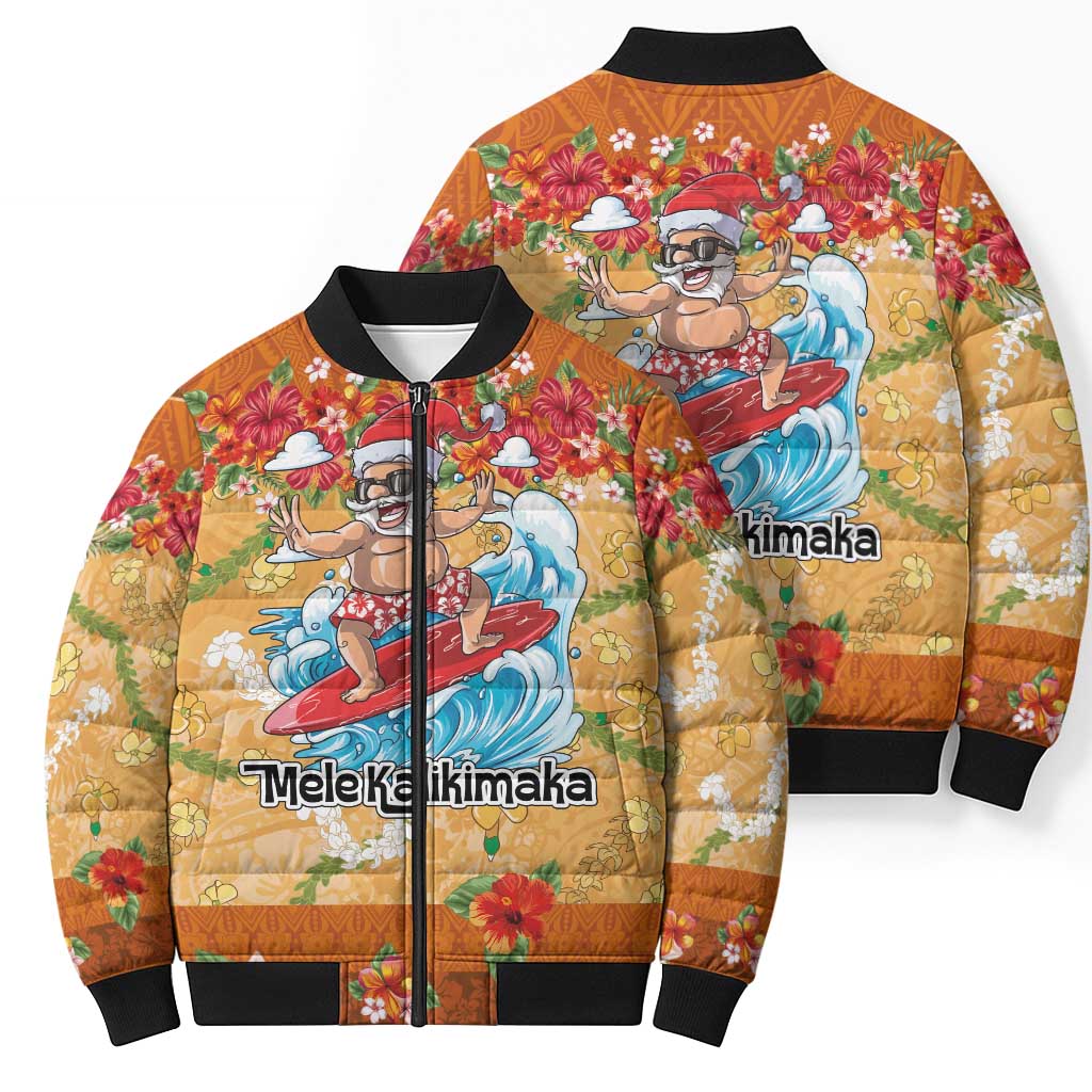 Hawaii Mele Kalikimaka Bomber Puffer Jacket Funny Santa Claus Surfing on Tropical Plants LT03 - Polynesian Pride