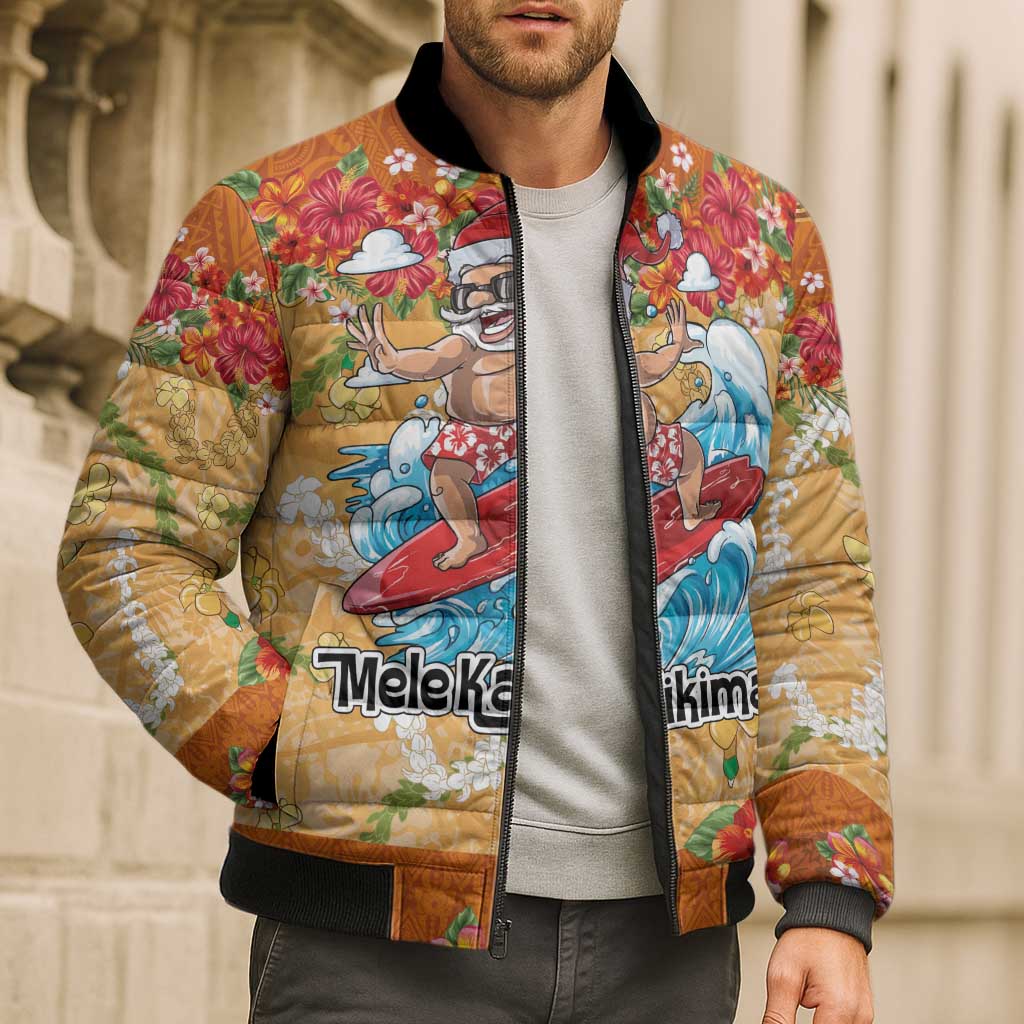 Hawaii Mele Kalikimaka Bomber Puffer Jacket Funny Santa Claus Surfing on Tropical Plants LT03 - Polynesian Pride