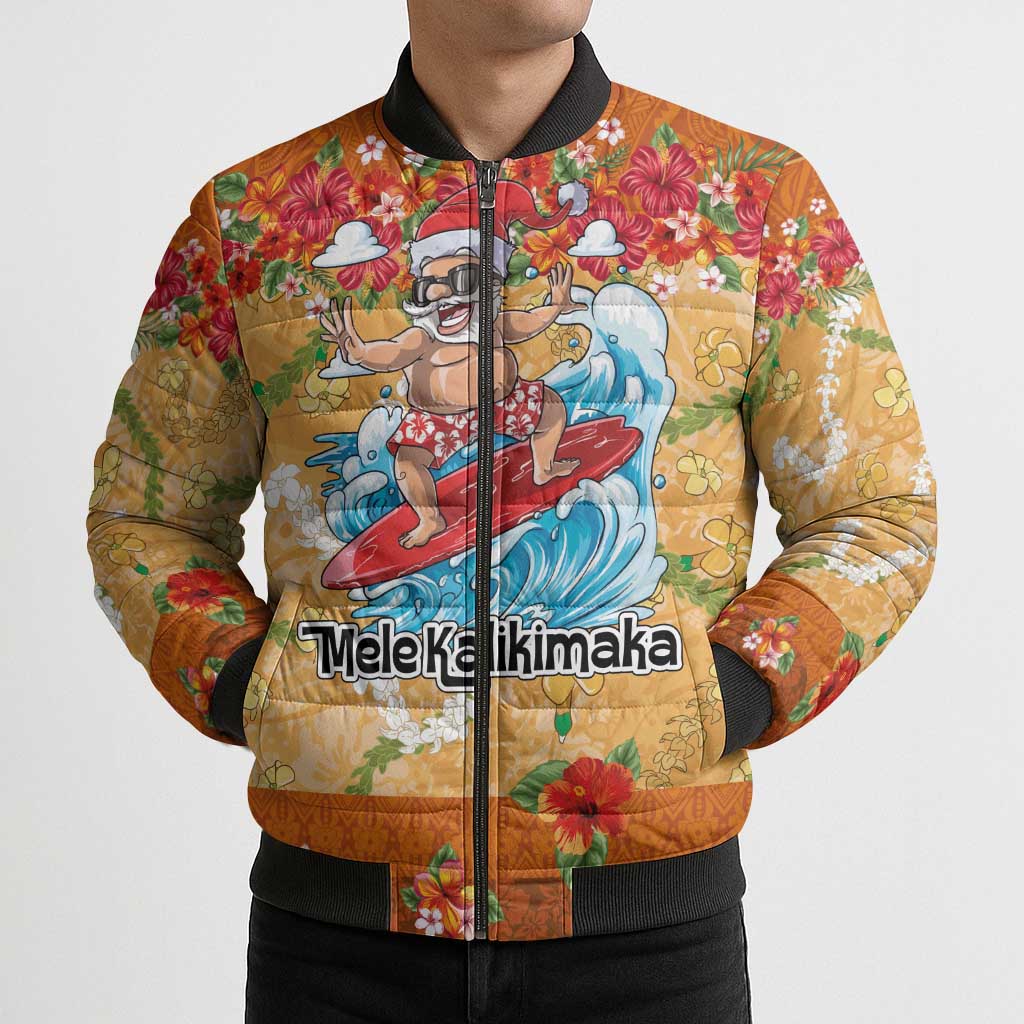 Hawaii Mele Kalikimaka Bomber Puffer Jacket Funny Santa Claus Surfing on Tropical Plants LT03 - Polynesian Pride