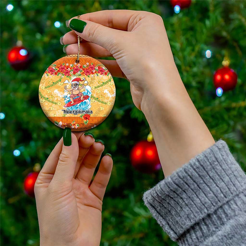 Hawaii Mele Kalikimaka Ceramic Ornament Funny Santa Claus Surfing on Tropical Plants - Polynesian Pride