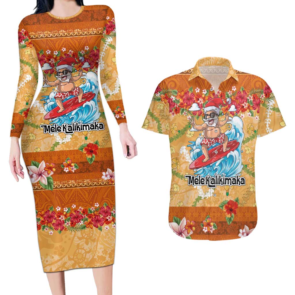 Hawaii Mele Kalikimaka Couples Matching Long Sleeve Bodycon Dress and Hawaiian Shirt Funny Santa Claus Surfing on Tropical Plants LT03 Multicolor - Polynesian Pride
