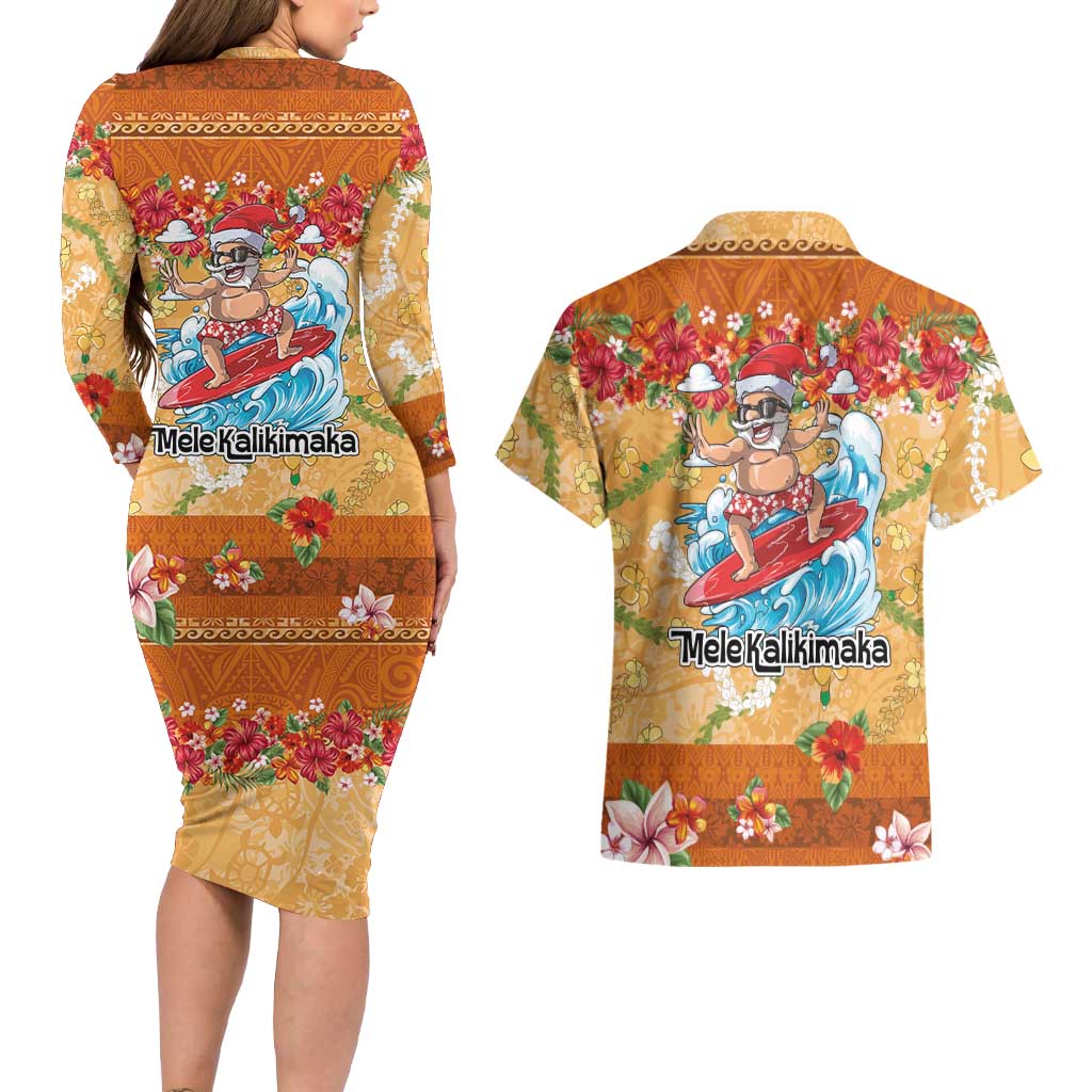 Hawaii Mele Kalikimaka Couples Matching Long Sleeve Bodycon Dress and Hawaiian Shirt Funny Santa Claus Surfing on Tropical Plants LT03 - Polynesian Pride