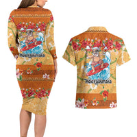 Hawaii Mele Kalikimaka Couples Matching Long Sleeve Bodycon Dress and Hawaiian Shirt Funny Santa Claus Surfing on Tropical Plants LT03 - Polynesian Pride