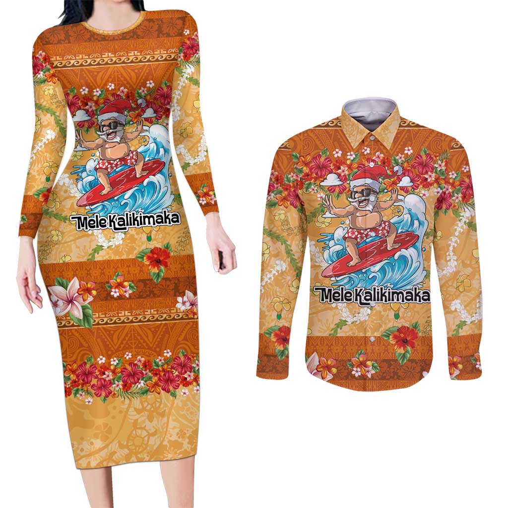 Hawaii Mele Kalikimaka Couples Matching Long Sleeve Bodycon Dress and Long Sleeve Button Shirt Funny Santa Claus Surfing on Tropical Plants LT03 Multicolor - Polynesian Pride
