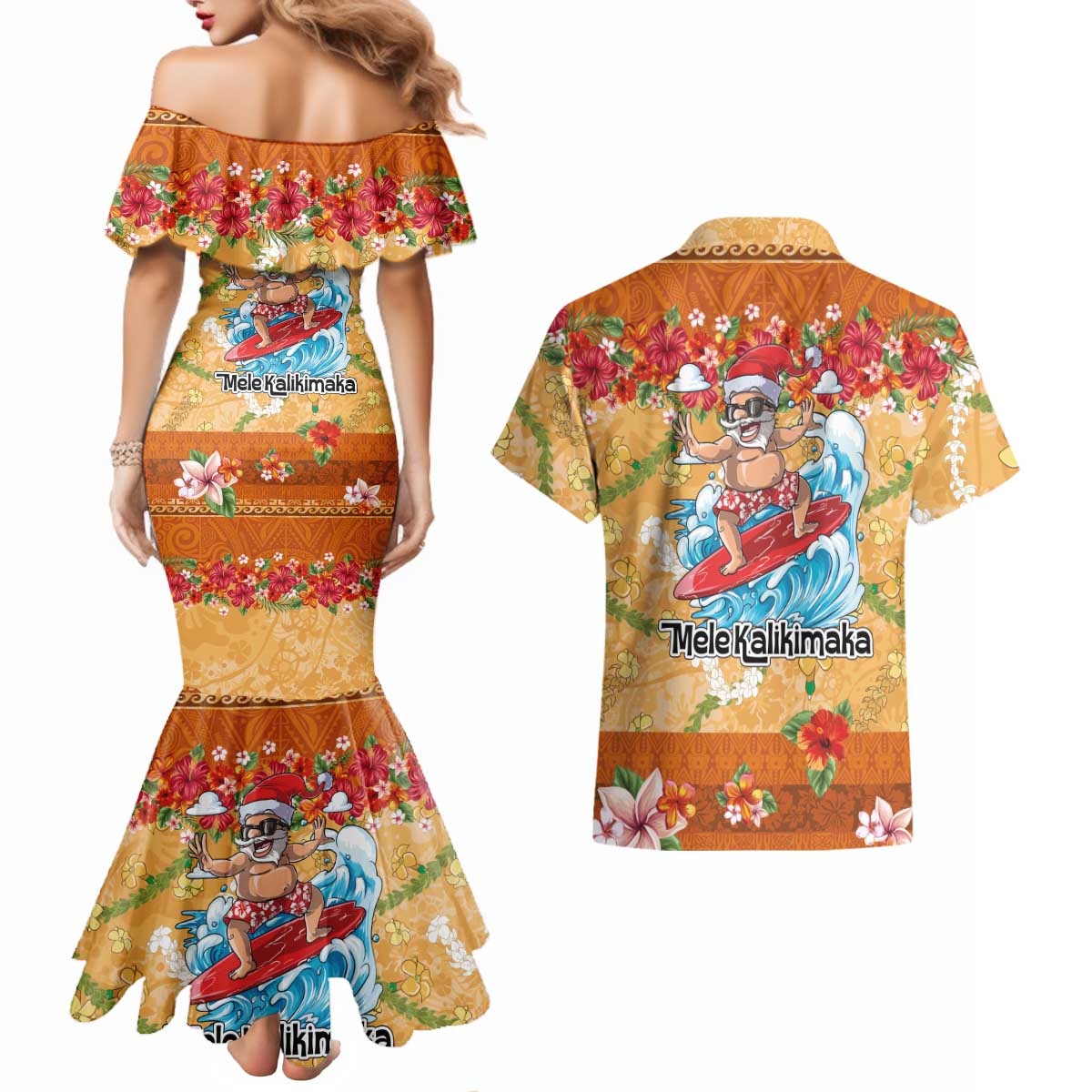 Hawaii Mele Kalikimaka Couples Matching Mermaid Dress and Hawaiian Shirt Funny Santa Claus Surfing on Tropical Plants LT03 - Polynesian Pride