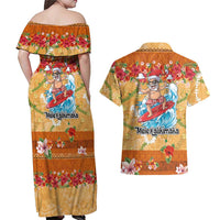 Hawaii Mele Kalikimaka Couples Matching Off Shoulder Maxi Dress and Hawaiian Shirt Funny Santa Claus Surfing on Tropical Plants LT03 - Polynesian Pride