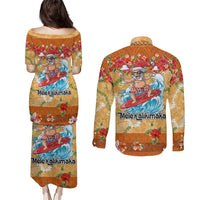 Hawaii Mele Kalikimaka Couples Matching Puletasi and Long Sleeve Button Shirt Funny Santa Claus Surfing on Tropical Plants - Polynesian Pride